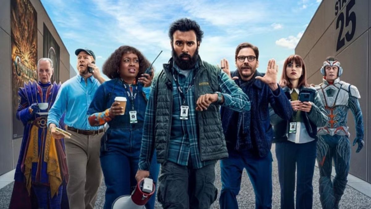 The Franchise line-up - From left: Peter (played by Richard E Grant), Pat (Darren Goldstein), Dag (Lolly Adefope), Daniel (Himesh Patel), Eric (Daniel Brühl), Anita (Aya Cash) and Adam (Billy Magnussen)