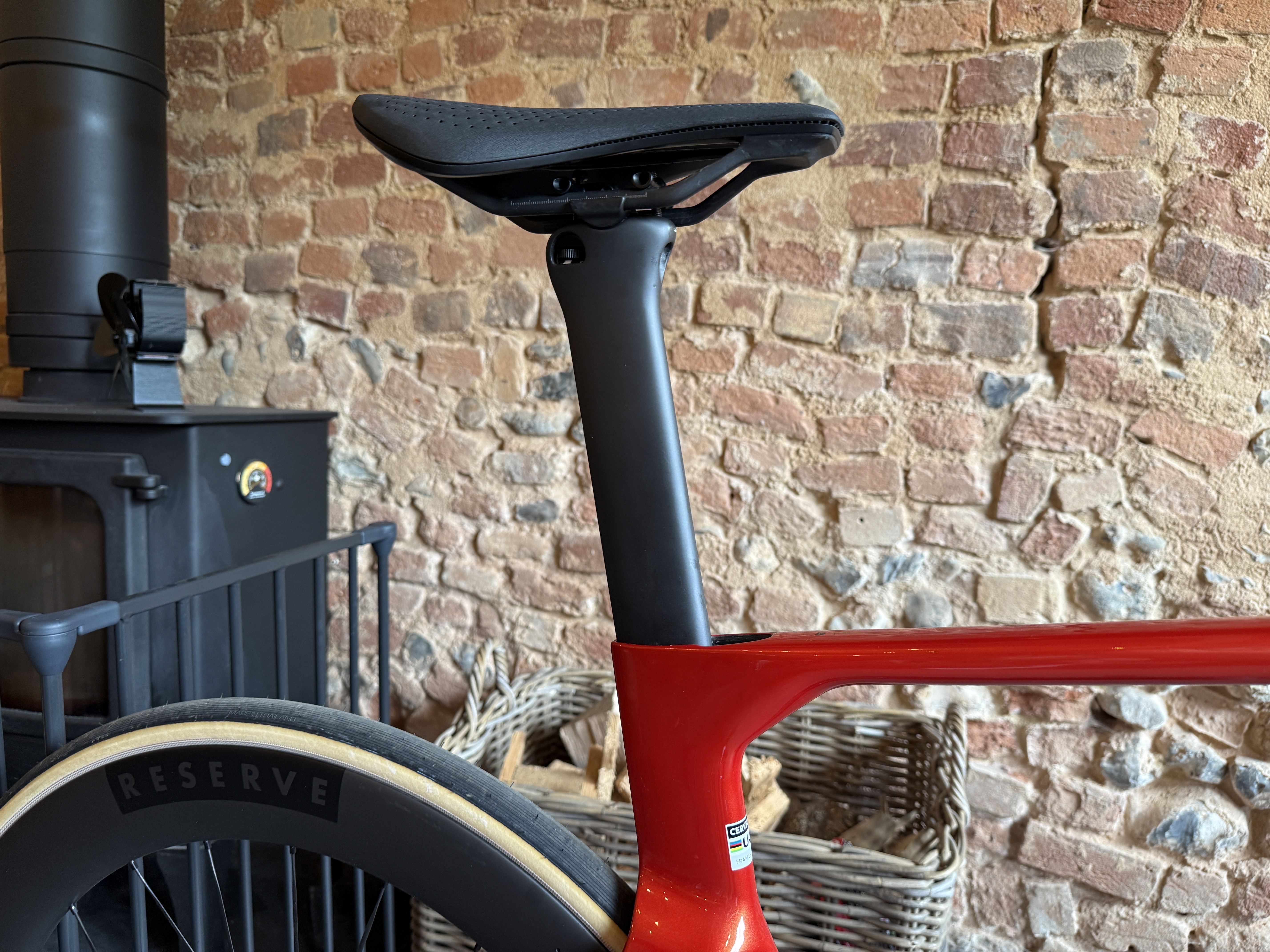 Various close up shots of the new Cervelo S5 aero road bike, shown in a cafe stop setting.