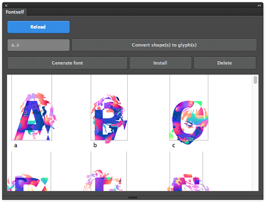 The Fontself extension's panel. Everything you need to create a font. (Colour goodness by Bram Vanhaeren)