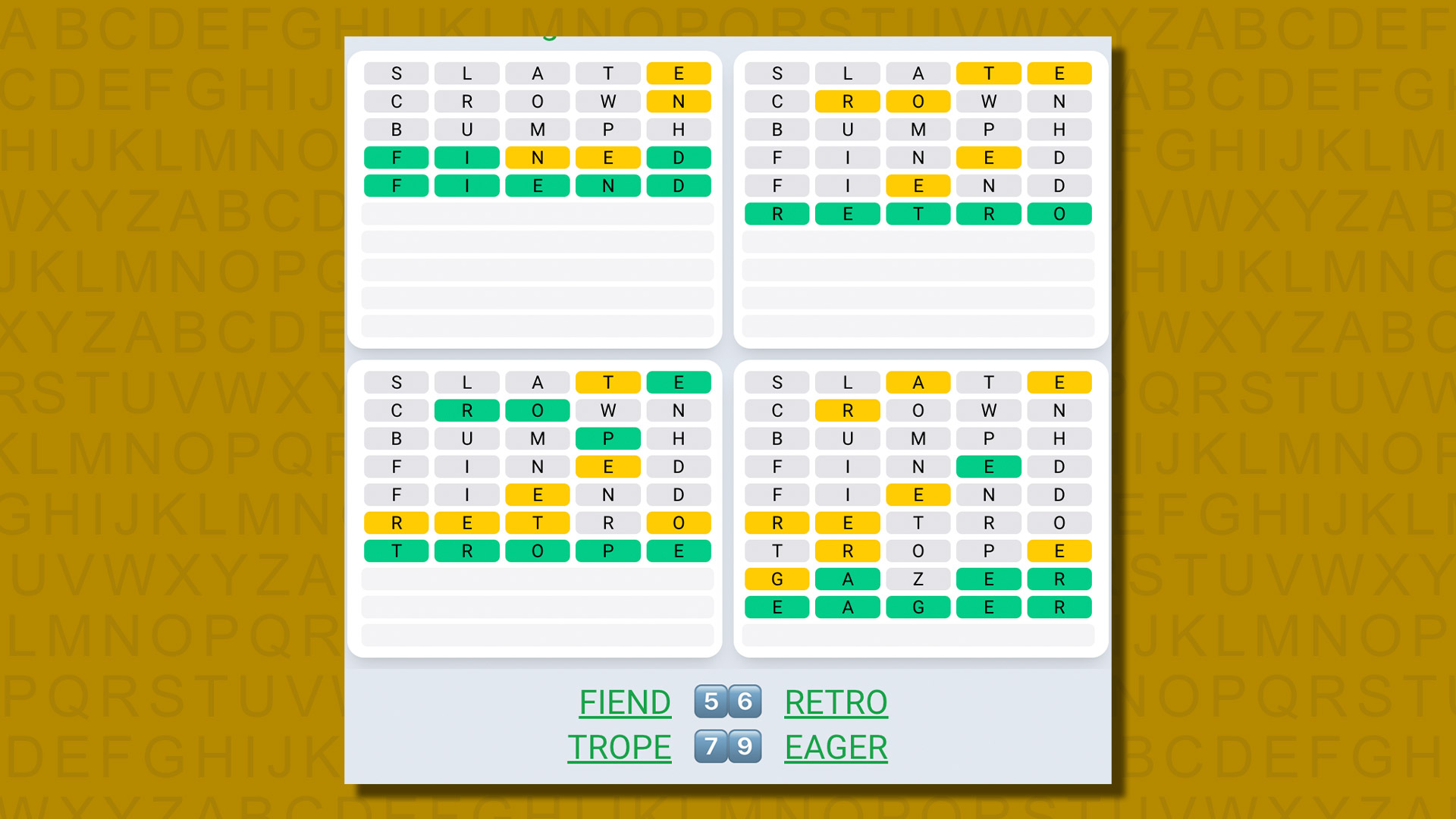 Quordle daily sequence answers for game 586 on a yellow background