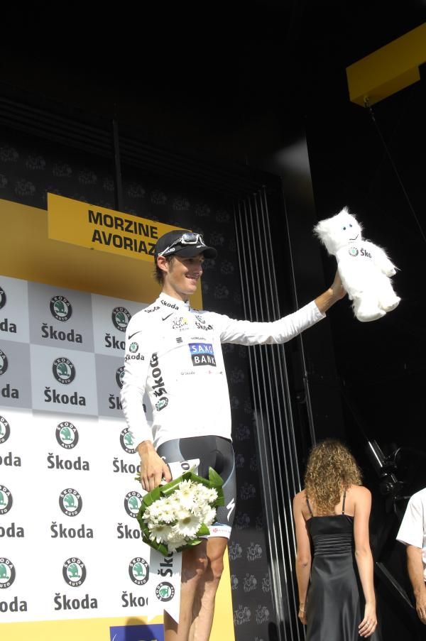 Andy Schleck (Saxo Bank) on the podium in Morzine
