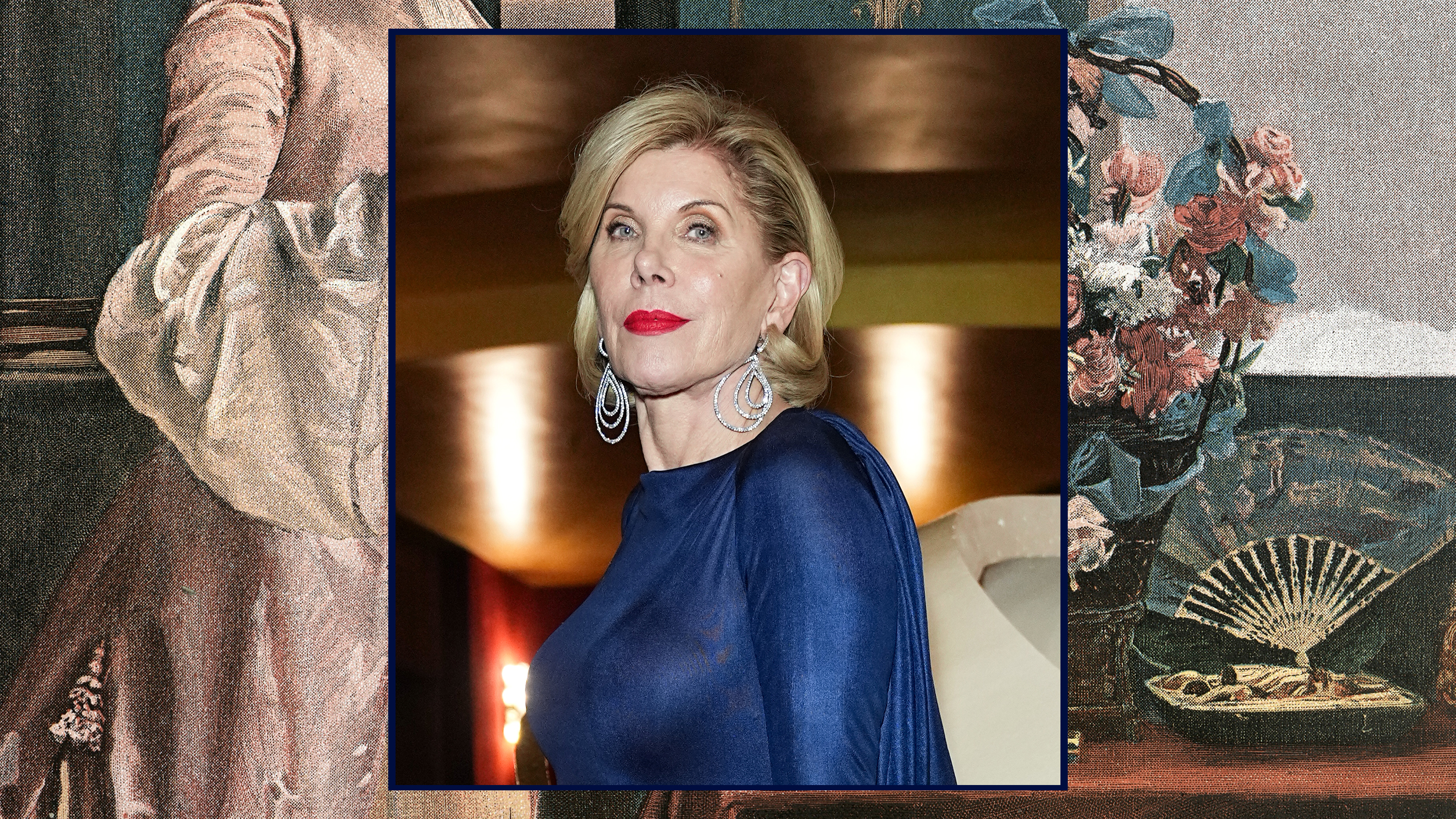 christine baranski in a blue dress at a metropolitan opera event with a border featuring gilded age artwork