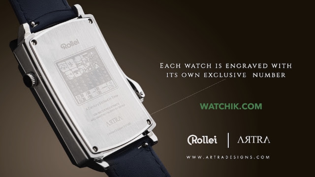 A close-up shot of the engraved stainless steel case back of the Rollei watch, accompanied by text indicating that each watch is engraved with its own exclusive number.