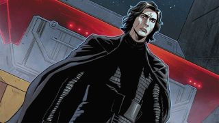 Comic book cover of Star Wars: Legacy of Vader. Kylo Ren, an angry man with black chin-length hair, is striding forwards. He is wearing a black tunic, black belt, and a flowing black cape.