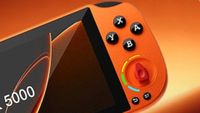 GameMT Pocket Super Knob handheld at an angle with orange backdrop.