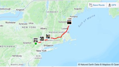 A Strava-generated map of Sam Westby's GWR-setting most-states-in-24-hours ride.