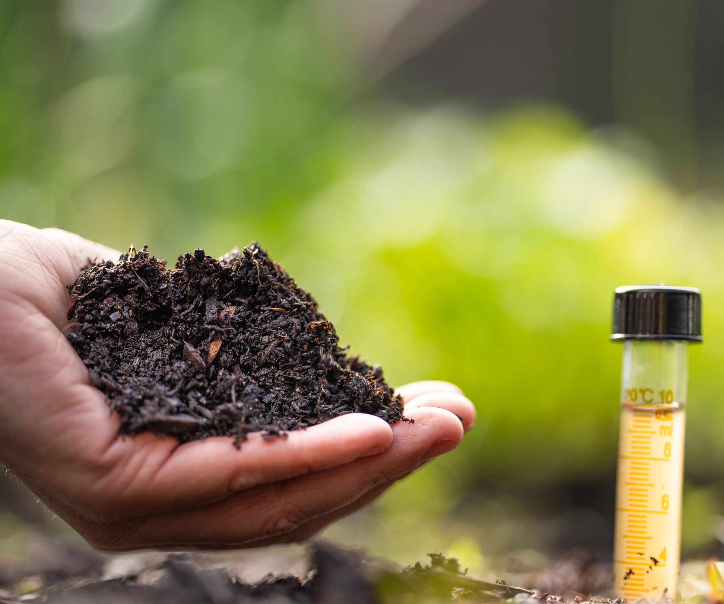 hand holding soil next to tube sample in earth