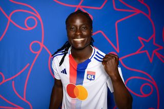 Tabitha Chawinga of Olympique Lyonnais poses for a portrait during the Olympique Lyonnais Portraits Session nat Groupama Stadium on September 11, 2024 in Lyon, France.