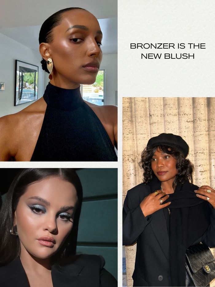 A collage of bronzed makeup looks