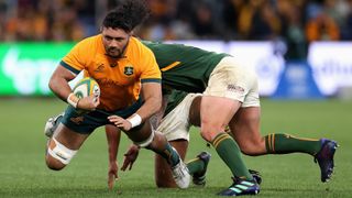 Rob Leota of the Wallabies is tackled during The Rugby Championship