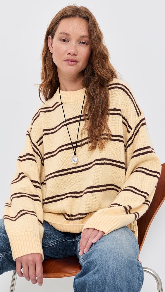 Cove Cashmere Oversized Crew Sweater - Parmesan Mahogany Double Strip