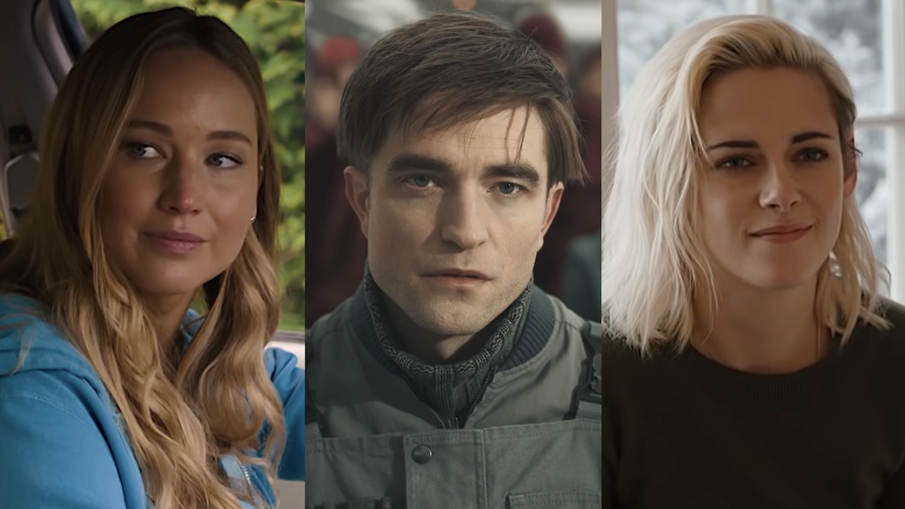 Jennifer Lawrence in No Hard Feelings/ Robert Pattinson in Mickey 17/ Kristen Stewart in Happiest Season (side by side image)