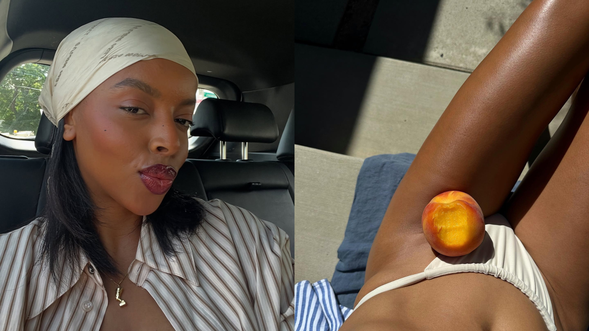 Collage with a selfie of @aysha.sow and @shutthekaleup eating a peach outside