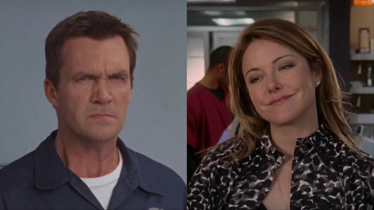 Neil Flynn glaring as Janitor, and Christa Miller smirking as Jordan