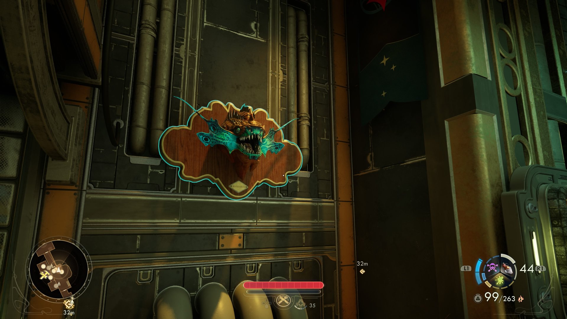 The Outer Worlds 2 screenshot showing a mounted plaque with a creatures head on it decorating a wall in the Incognito ship