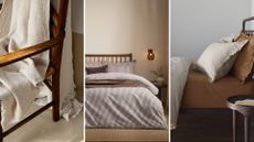 Piglet In Bed's Cotton Throw on a chair next to an M&S The Yard Stiped Linen Set and Next's Bundle on a bed