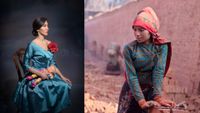 Left image: A woman in a teal satin dress sits in profile on a chair against a dark studio backdrop, holding a blonde doll in her lap with a composed, contemplative expression. Right image: A woman wearing a patterned top and headscarf works with bricks outdoors, leaning forward with focused attention amid a dusty, blurred background of a brick-making area.