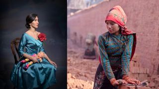 Left image: A woman in a teal satin dress sits in profile on a chair against a dark studio backdrop, holding a blonde doll in her lap with a composed, contemplative expression. Right image: A woman wearing a patterned top and headscarf works with bricks outdoors, leaning forward with focused attention amid a dusty, blurred background of a brick-making area.