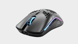 Glorious Model O gaming mouse on grey background