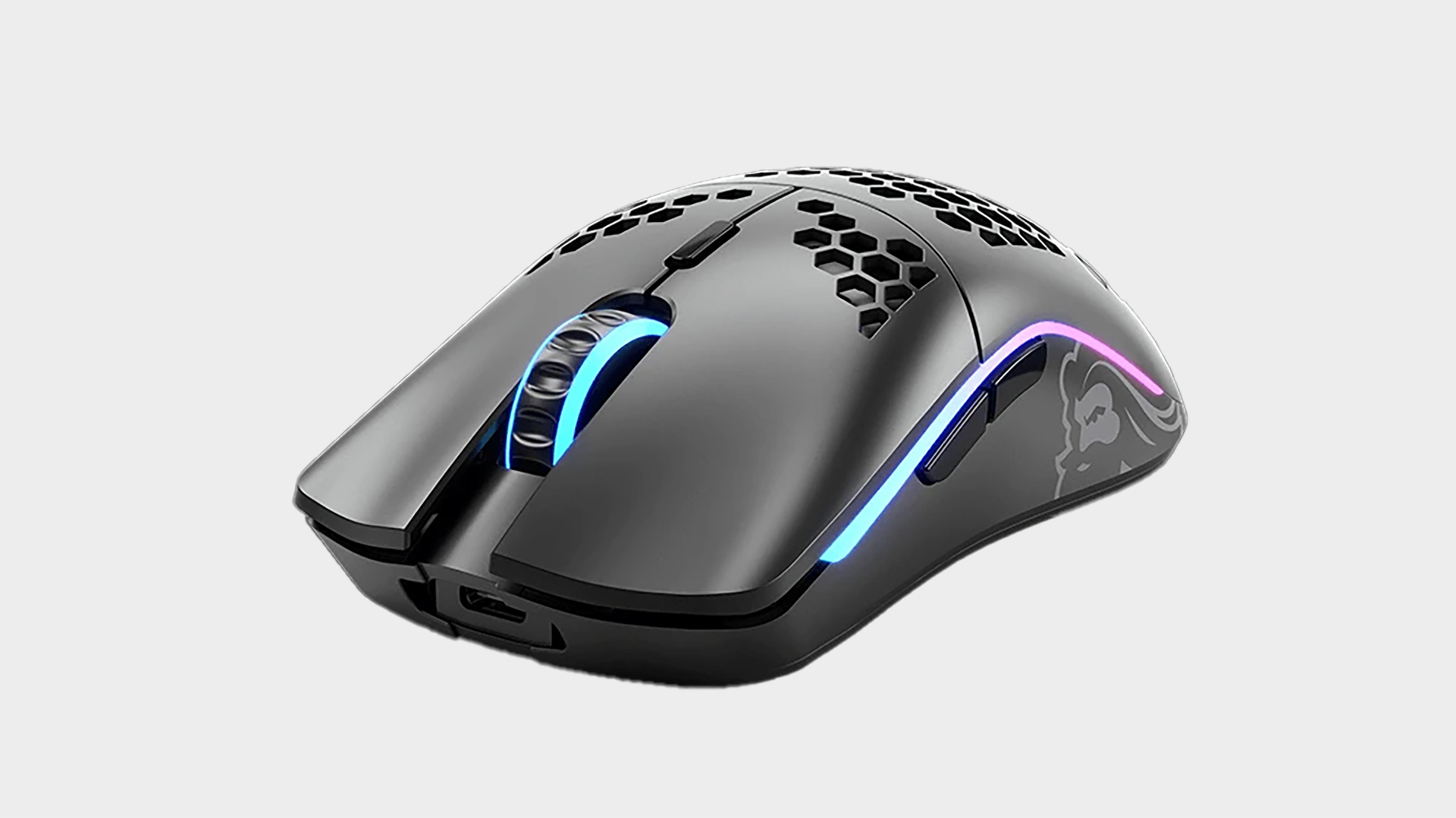 Glorious Model O gaming mouse on grey background