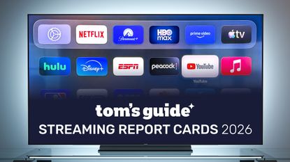 Tom's Guide Streaming Report Card logo shown on a TV screen with streaming app icons in a living room 