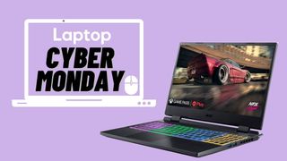 Acer Nitro 5 Facing the left with LaptopMag Cyber Monday logo on a lavender background