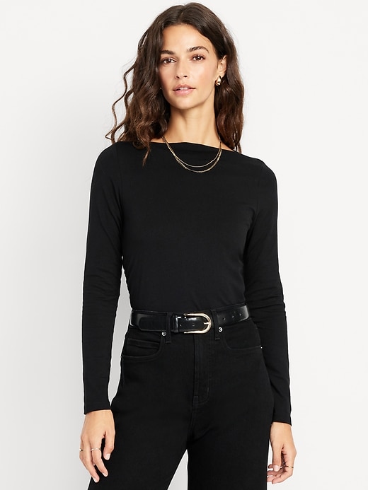 Long-Sleeve Slit-Neck Ruched Top