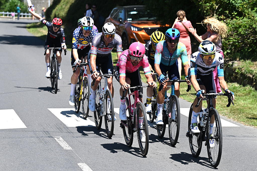 VIRE NORMANDIE, FRANCE - JULY 10: (L-R) Quinn Simmons of The United States and Team Lidl - Trek, Mathieu Van Der Poel of Netherlands and Team Alpecin - Deceuninck, Ben Healy of Ireland and Team EF Education - EasyPost, Harold Tejada of Colombia and Team XDS Astana and Will Barta of The United States and Team Movistar compete in the breakaway during the 112th Tour de France, Stage 6 a 201.5km stage from Bayeux to Vire Normandie / #UCIWT / on July 10, 2025 in Vire Normandie, France. (Photo by Tim de Waele/Getty Images)