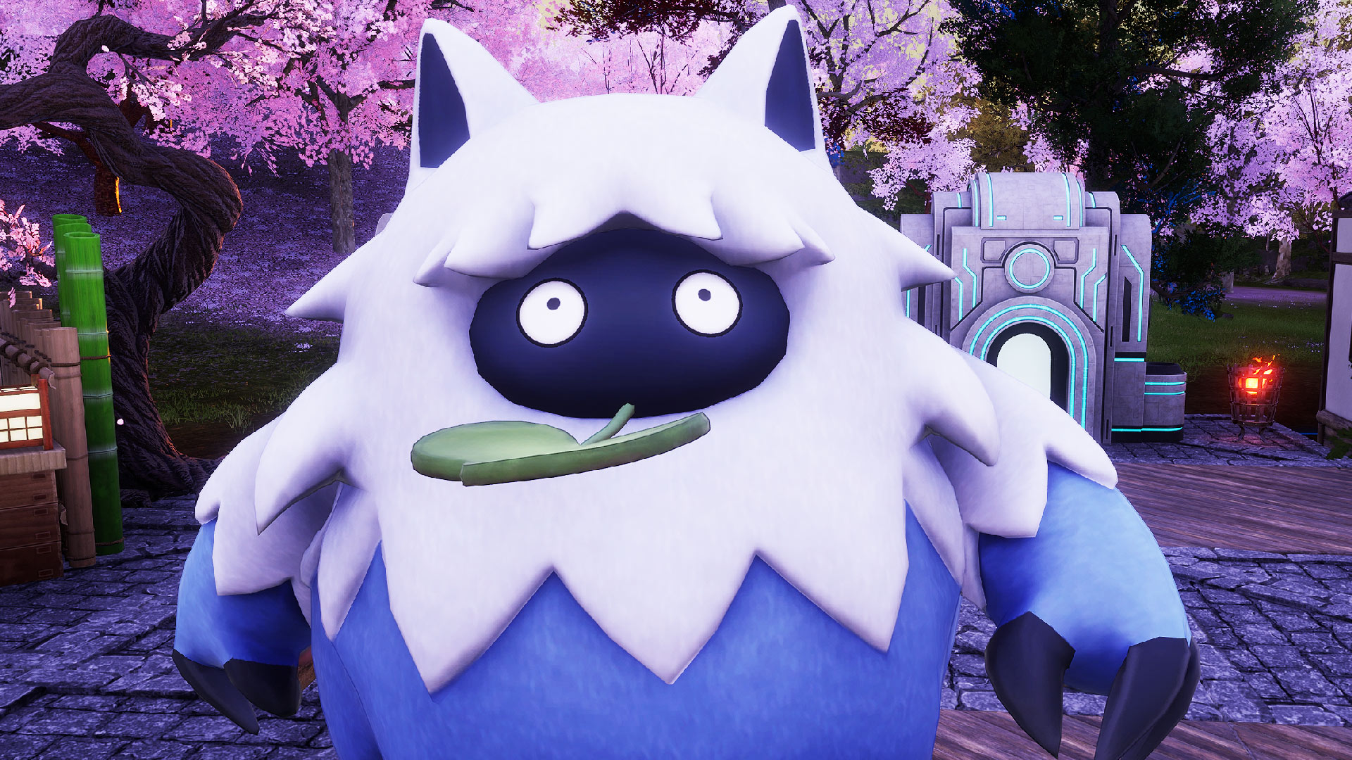 Palworld - Wumpo, a bumbling, large blue and white pal with cat ears and a leaf in its mouth.
