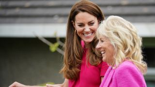 Catherine, Duchess of Cambridge (L) and U.S. First Lady Dr Jill Biden during a visit to Connor Downs Academy, during the G7 summit in Cornwall on June 11, 2021 in Hayle, west Cornwall, England