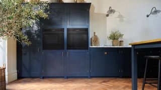 built in ovens in blue kitchen units