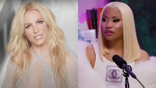 Britney Spears appears in a commercial, while Nicki Minaj speaks with Apple Music.