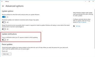 Disable update restart notifications on Windows 10