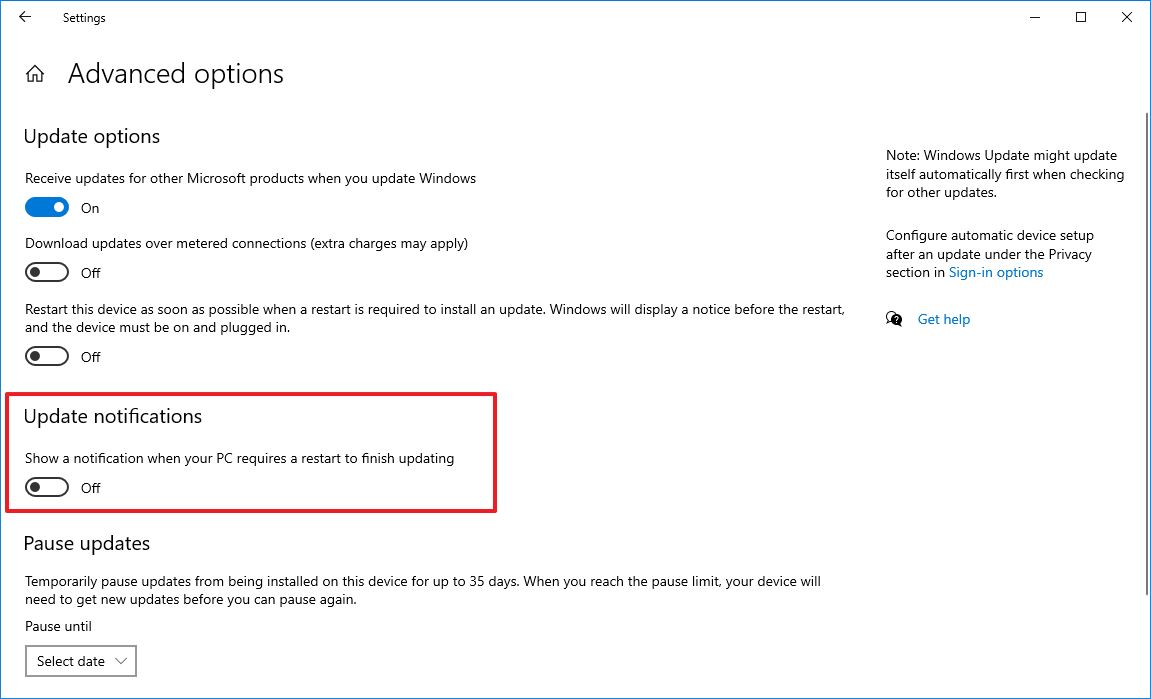 Disable update restart notifications on Windows 10