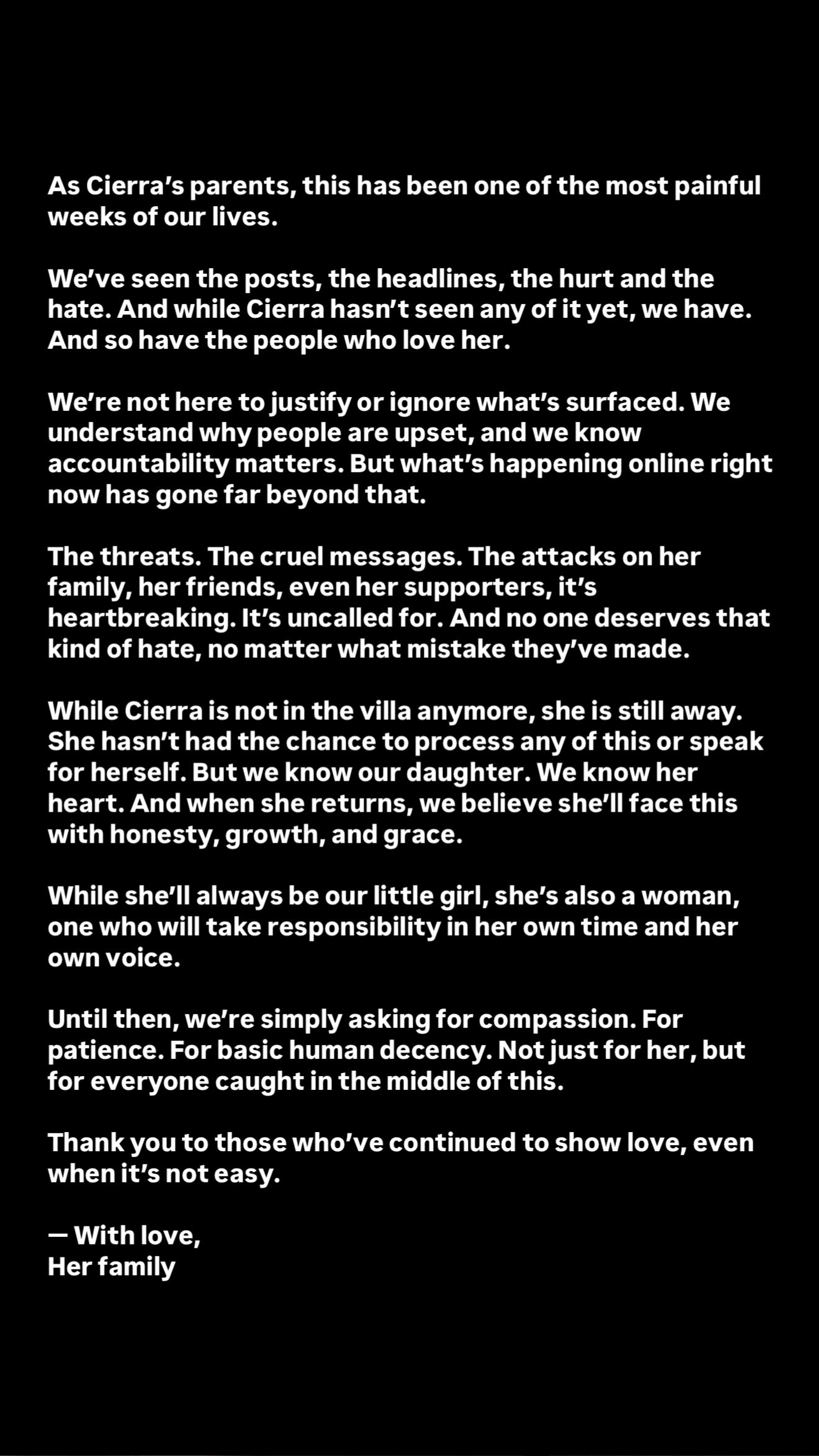 A statement from Cierra Ortega's parents.