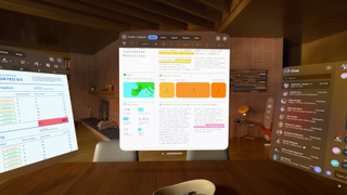 A first-person view of a user wearing a Vision Pro mixed-reality headset, with three virtual screens showing a productivity app, PDF, and messaging app on top of a virtual home.