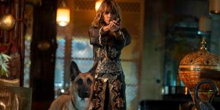 Halle Berry aims her gun with a trusted dog by her side in John Wick: Chapter 3 - Parabellum.