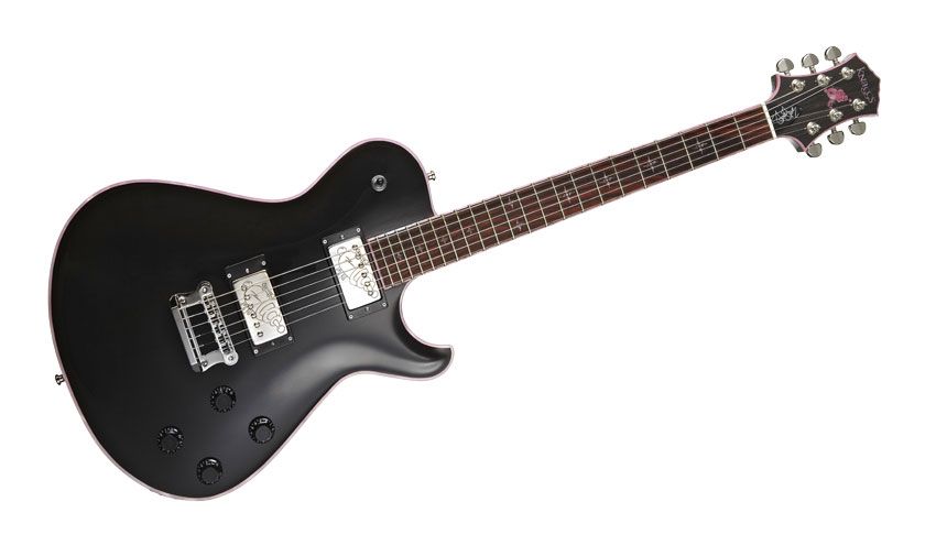 The pink binding and ray gun-etched Bare Knuckle pickups are two give-aways of this guitar's namesake