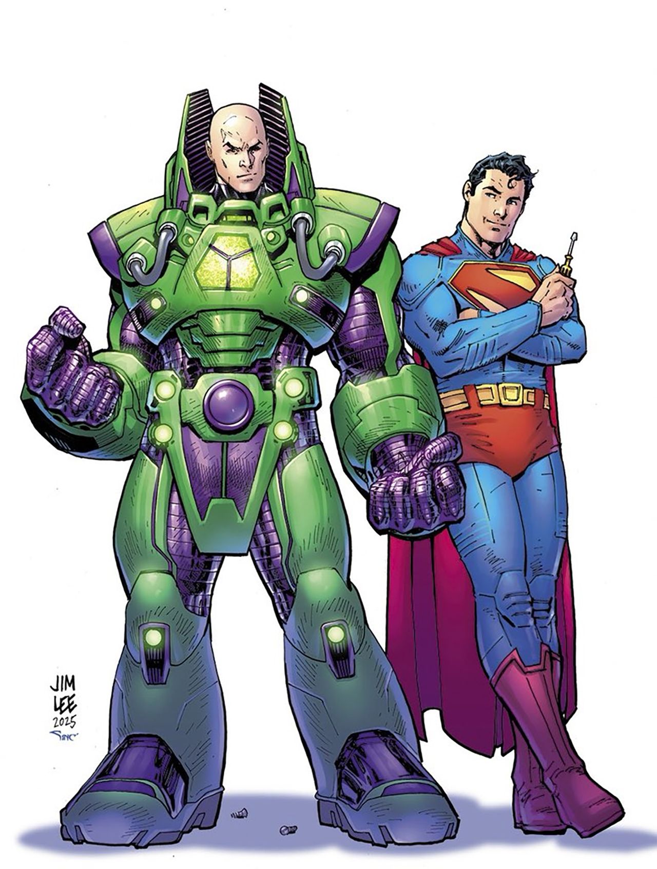 Superman 2 concept art by Jim Lee showing Superman holding a screwdriver and buddying up to Lex Luthor, who is clad in his purple and green battle armor