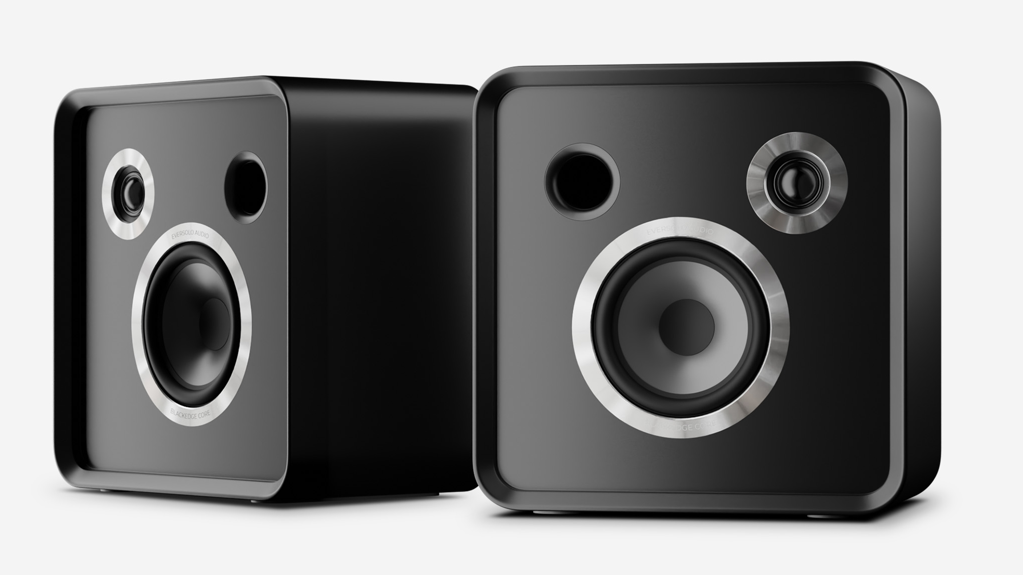 Eversolo SE100 speakers with the grilles removed on a white background