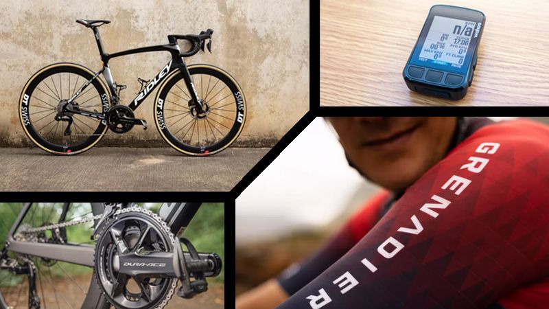 A four-way image that shows a Dura-Ace groupset, Lotto Soudal&#039;s bike, Ineos&#039; new kit and a Wahoo Elemnt Bolt