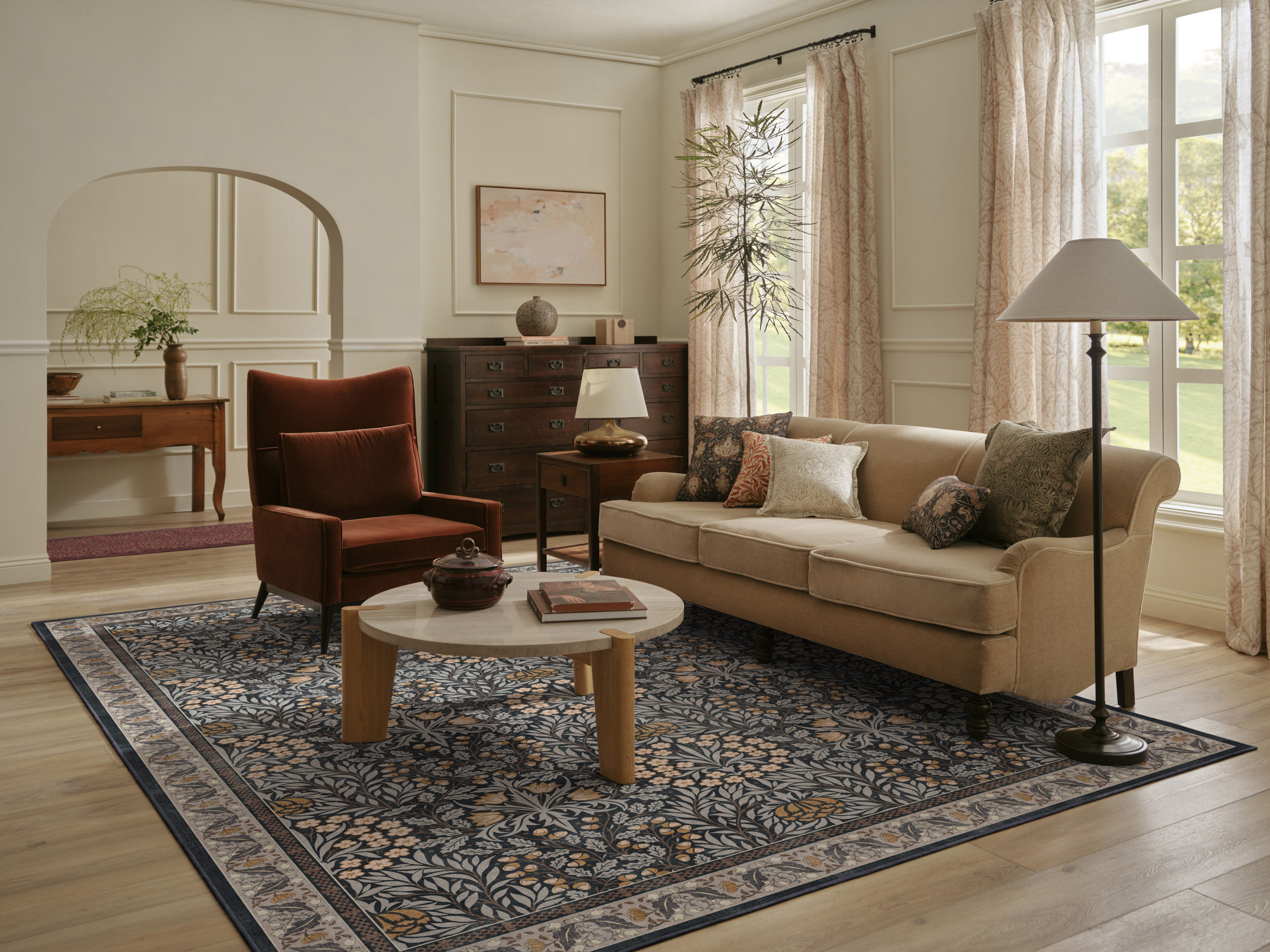 A rug from the Ruggable x Morris &amp;amp; Co The Unfinished Works Collection in a lounge