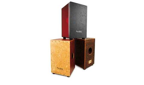 The Cherry Red hybrid cajon's (top) semi-transparent body allows a glimpse of the innards