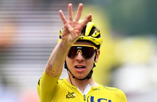 ISOLA 2000, FRANCE - JULY 19: Stage winner Tadej Pogacar of Slovenia and UAE Team Emirates - Yellow Leader Jersey sprints at finish line during the 111th Tour de France 2024, Stage 19 a 144.6km stage from Embrun to Isola 2000 - (2022m) / #UCIWT / on July 19, 2024 in Isola 2000, France. (Photo by Dario Belingheri/Getty Images)