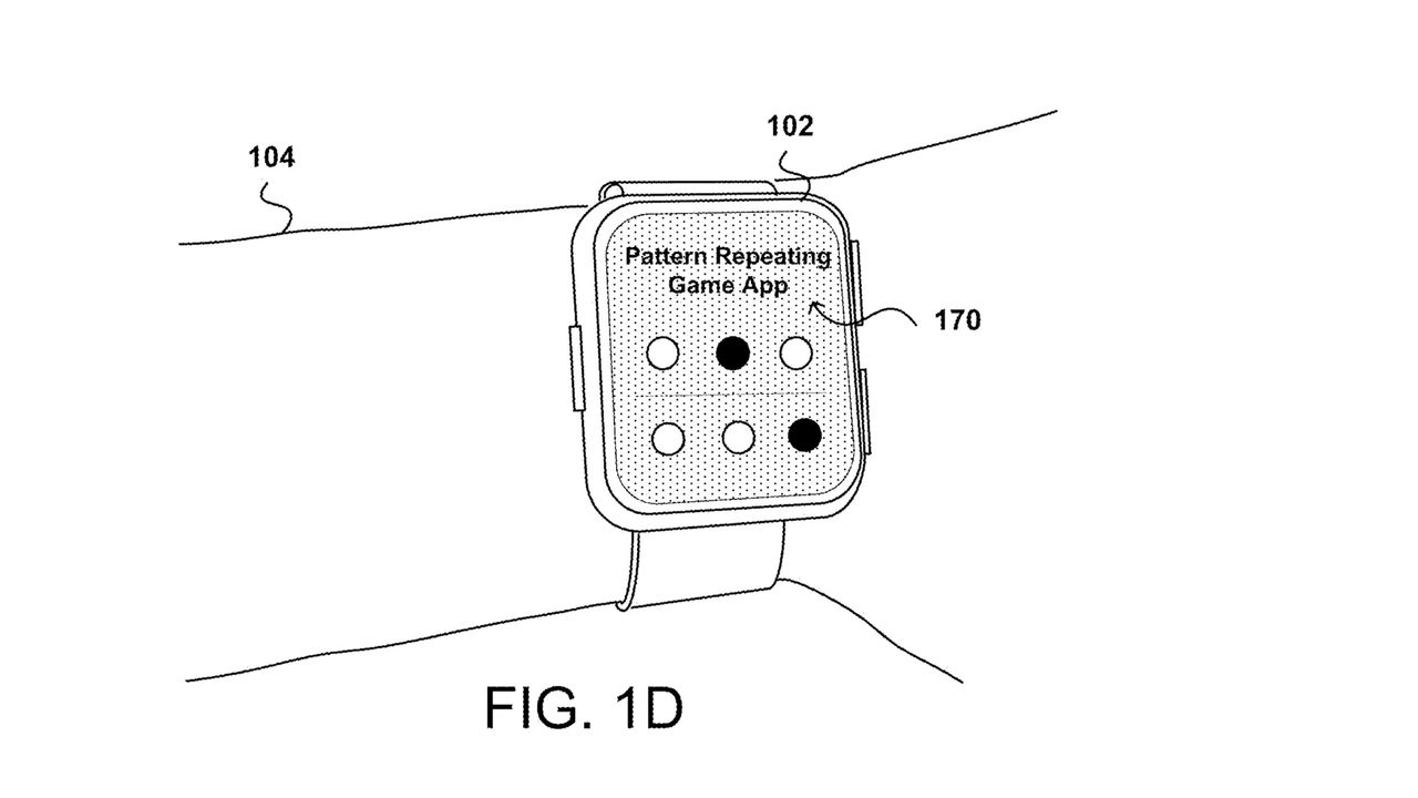 A patent figure showing a multitasking game app on a smartwatch