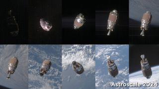 ten panels showing the same cylindrical object floating above earth from ten different angles