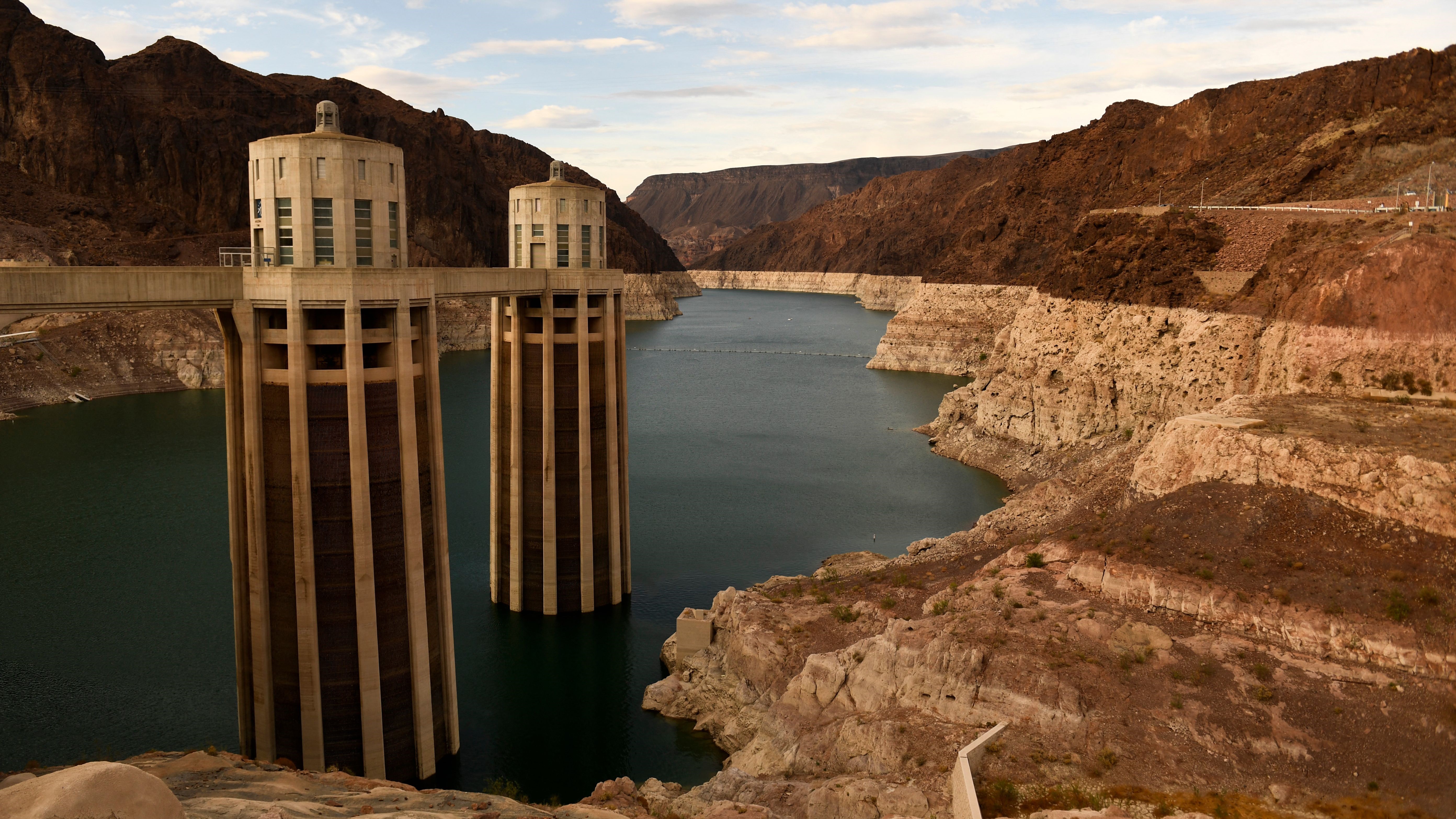 intake tower at hoover dam with water levels far below normal