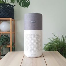 The Philips 3000i Series AC3033/30 Connected Air Purifier on a wooden table in a green room with lots of indoor plants