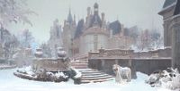 Digital art showing a snowy fairytale castle scene
