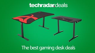 Two cheap gaming desks side by side on a green background